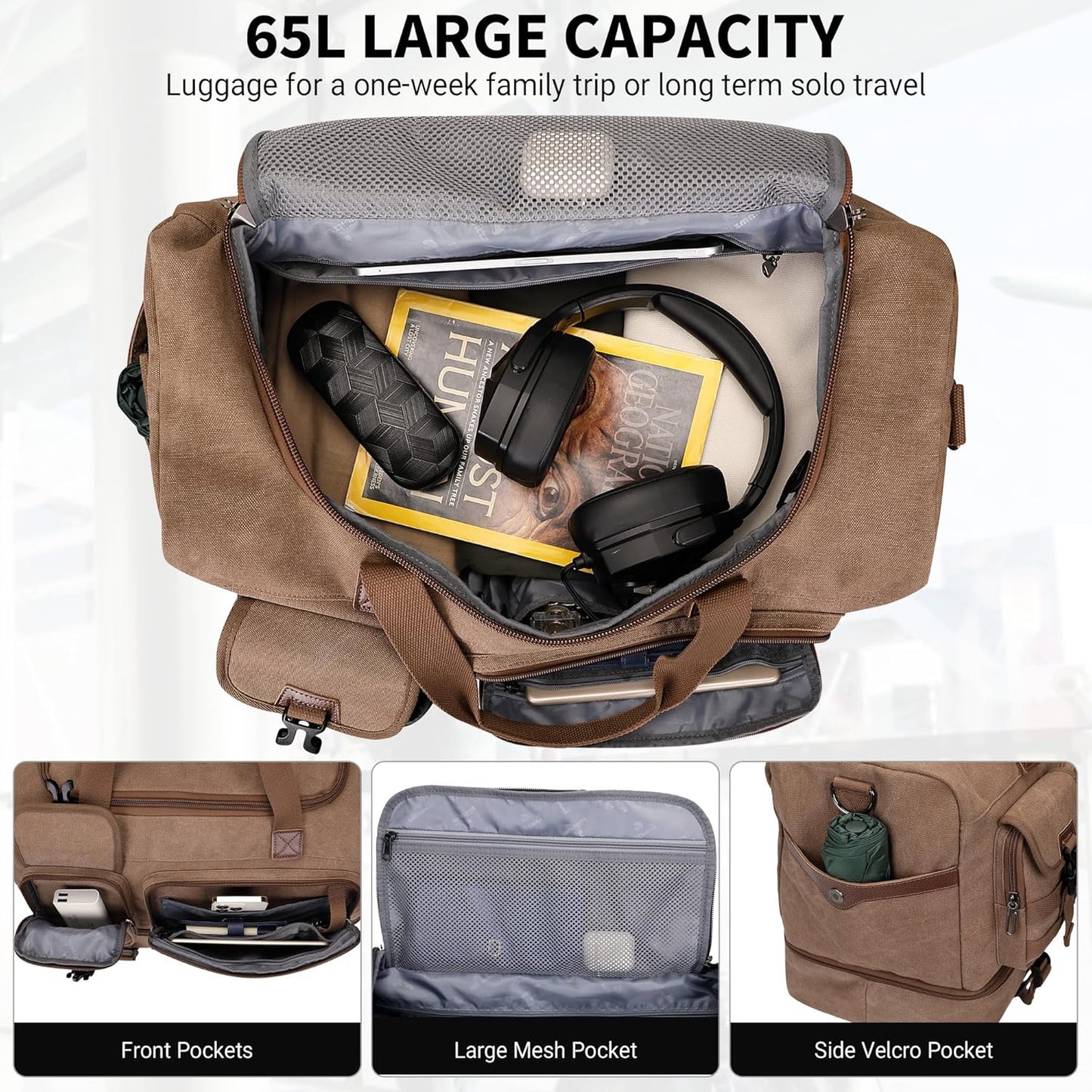 WITZMAN Duffle Bag for Men 50L Canvas Weekender Overnight Bag with Toiletry Bag Sets Travel Duffel Bag Shoes Compartment（A8010-2 Brown）