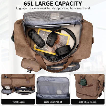 WITZMAN Duffle Bag for Men 50L Canvas Weekender Overnight Bag with Toiletry Bag Sets Travel Duffel Bag Shoes Compartment（A8010-2 Brown）