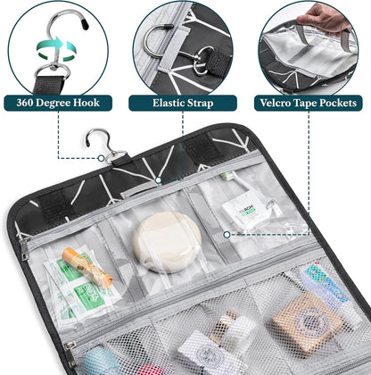 PAVILIA Hanging Toiletry Bag Women Men, Travel Kit Foldable Large Toiletries Organizer, Roll up Cosmetics Makeup Bag Accessories, Waterproof Essentials Jewelry Case (Black Chevron)
