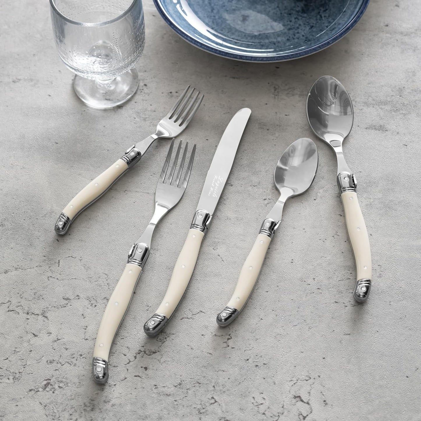 French Home Laguiole 20 Piece Flatware Set – 18/10 Stainless Steel Flatware Set for 4 – Luxurious Ivory-Colored Utensil Set w/Knives, Spoons and Forks