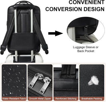 Vegan Leather Laptop Backpack for Women&Men,16 Inch Expandable Backpack with USB Charging Port,Two-toned Black