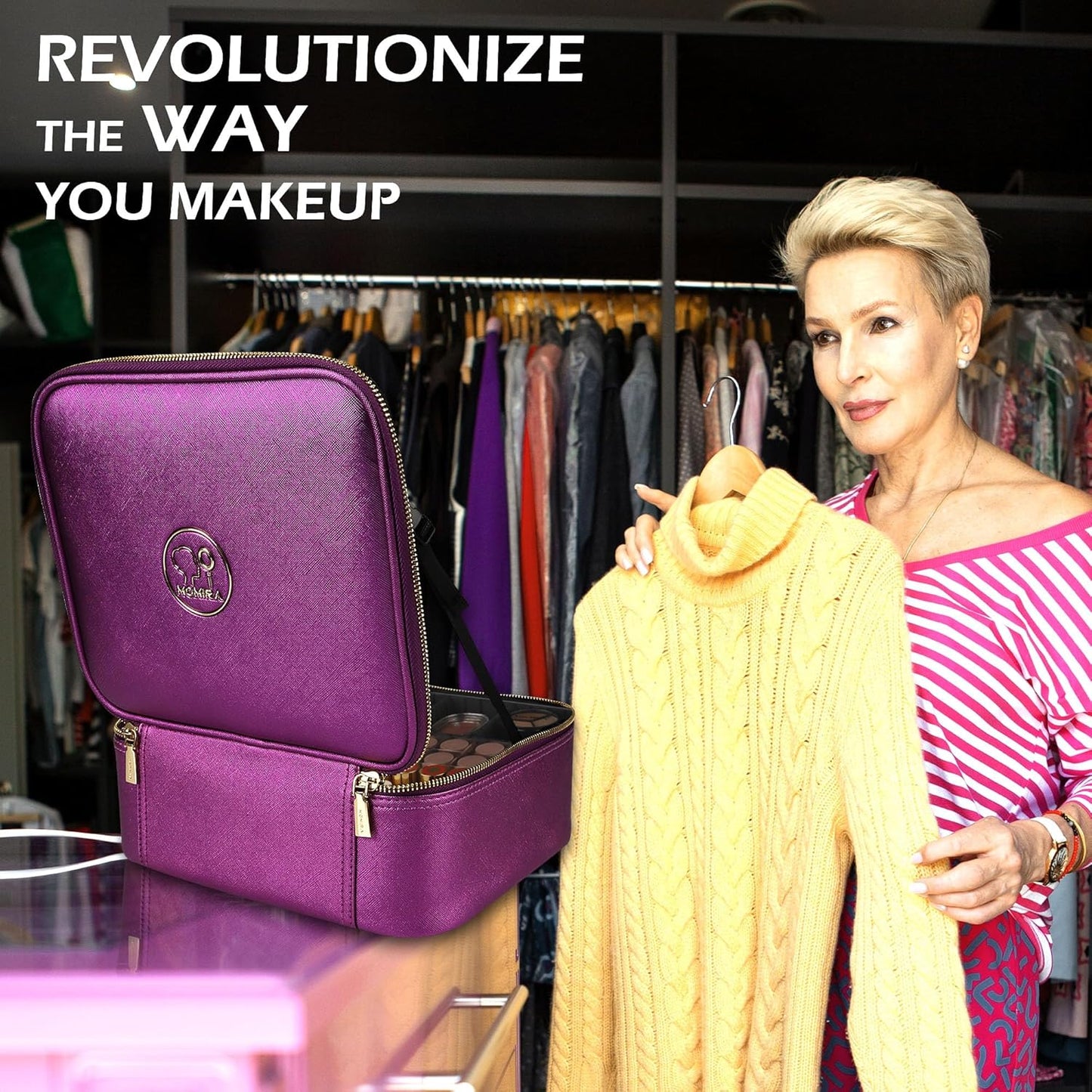 MOMIRA Travel Makeup Bag Cosmetic Bag Makeup Organizer Bag with Lighted Mirror, Adjustable Brightness in 3 Color Scenarios, Waterproof Makeup Train Case, Gift for Women - Brilliant Purple