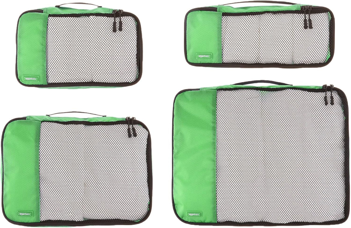 Amazon Basics Packing Cubes for Travel, Packing Organizers Set, 4-Piece-Set (Slim, Small, Medium, Large) With Double Zipper Pulls and Mesh Top Panel, 100% Durable Polyester, Green