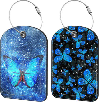 Blue Butterfly Luggage Tag for Suitcase Set of 2 PU Leather Cute Luggage Tags with Stainless Metal Loop ID Label Privacy Flap Suitcase Tags for Women and Men Travel