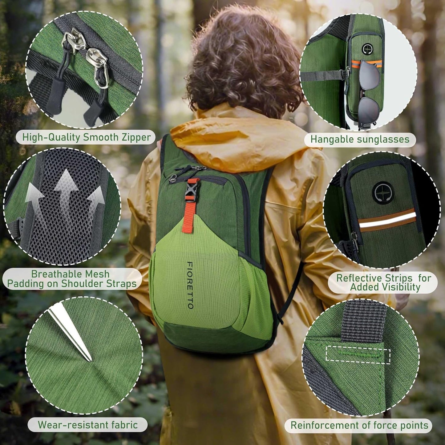 FIORETTO 15L Hiking Backpack for Women Men Mini Packable Backpack Lightweight Small Daypack for Camping Travel Outdoor, Green