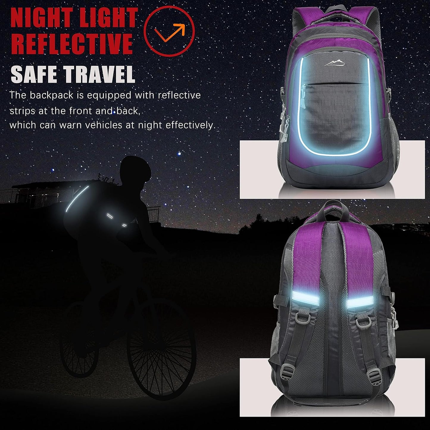 ProEtrade Extra Large Backpack Bookbag for College Travel Laptop Business Hiking Backpack Fit Laptop Up to 17 Inch Sturdy Multi Compartment Gifts for Men Women Night Light Reflective (Light Purple A)