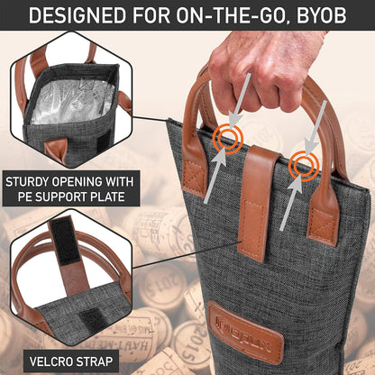 opux Wine Bag Single Bottle Carrier Tote, Insulated Travel Wine Cooler Bag for Picnic Beach Gift, Thermal Padded Portable One Bottle Holder Carrying Case for Women Men Wine Lovers, Charcoal Gray