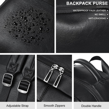 30L Business Laptop Backpack for Women Men, Travel Work Backpack Purse Faux Leather College Bookbag fits 15.6" Laptop - Black