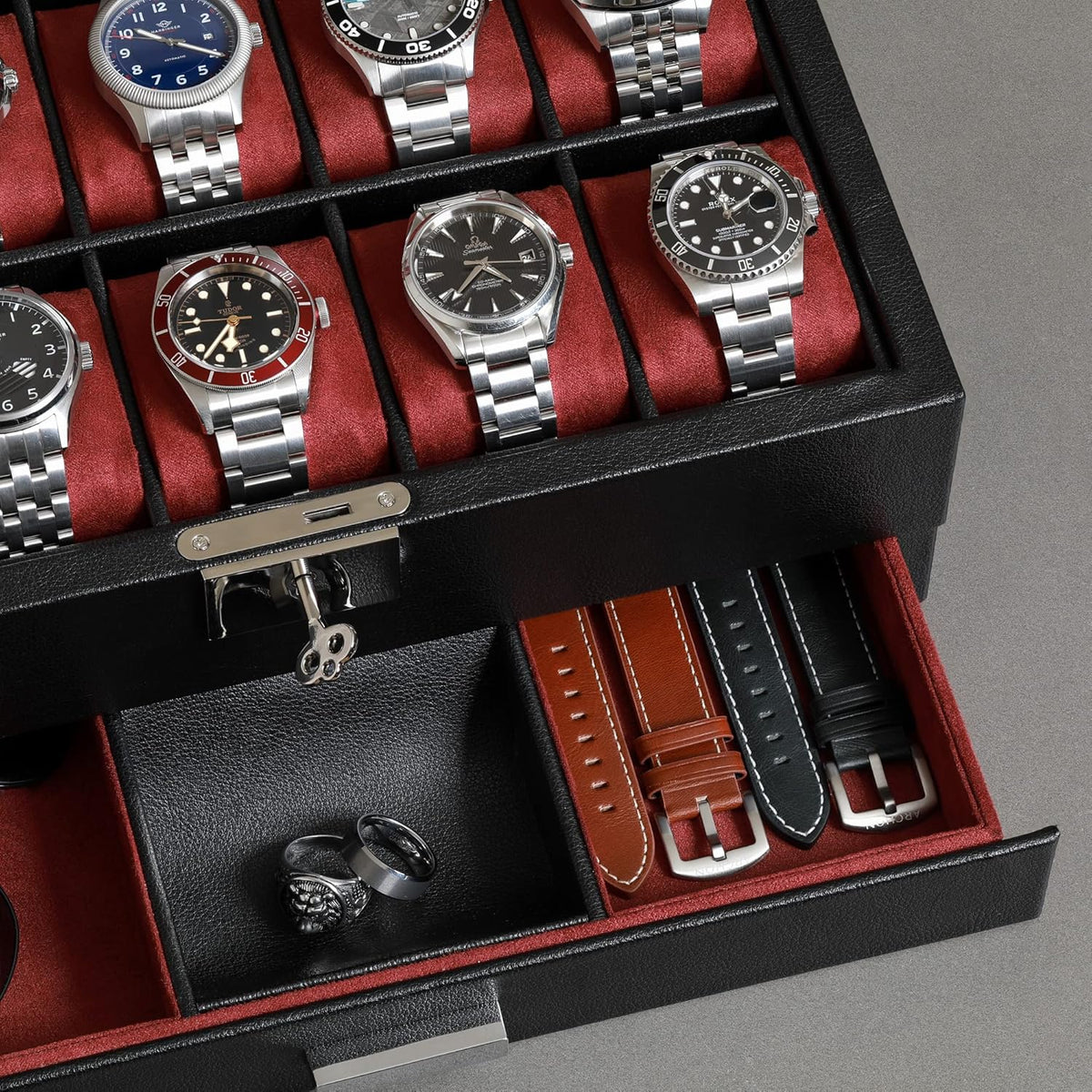 ROTHWELL 10-Slot Watch Box in Leather with Valet Drawer, Luxury Watch Case Display Organizer with Ultra Soft Microsuede Liner, Jewelry and Sunglass Holder With Large Glass top (Black/Red)