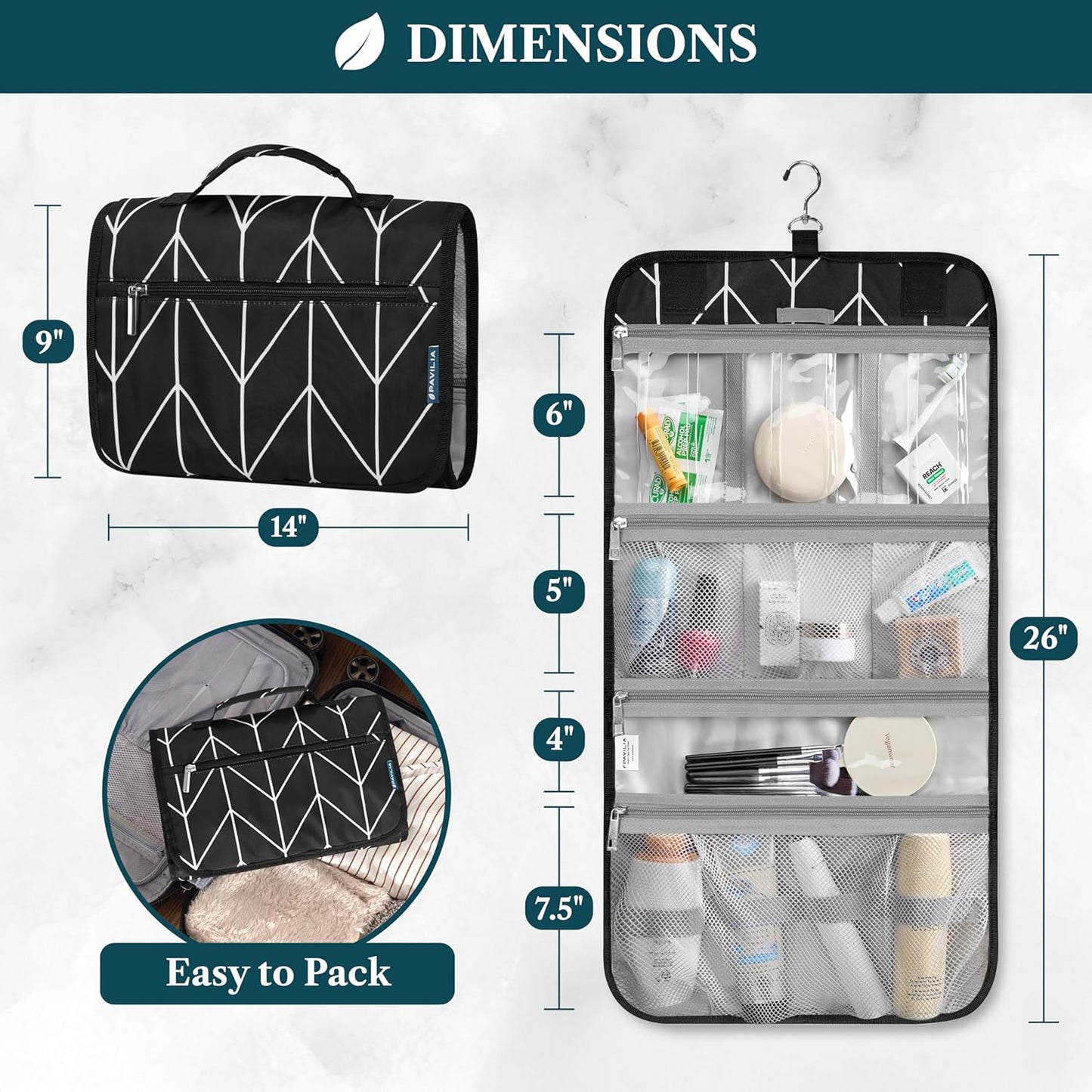 PAVILIA Hanging Toiletry Bag Women Men, Travel Kit Foldable Large Toiletries Organizer, Roll up Cosmetics Makeup Bag Accessories, Waterproof Essentials Jewelry Case (Black Chevron)