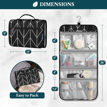 PAVILIA Hanging Toiletry Bag Women Men, Travel Kit Foldable Large Toiletries Organizer, Roll up Cosmetics Makeup Bag Accessories, Waterproof Essentials Jewelry Case (Black Chevron)