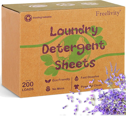 Freelivity Laundry Detergent Sheets, 200 Loads Eco-Friendly Laundry Soap Strips - No Plastic Jug Hypoallergenic Liquid Less Dissolvable Space Saving Sheets for HE machine, travel, home clothes washing