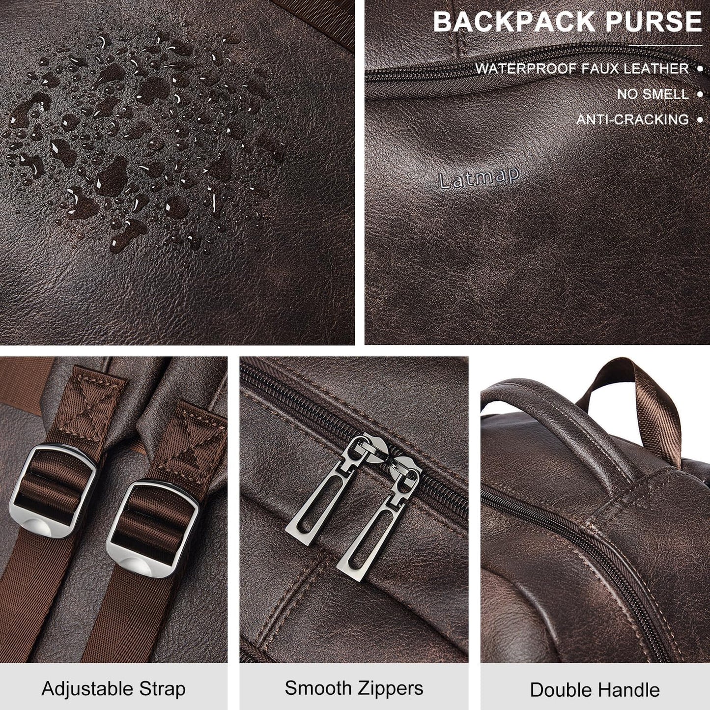 30L Business Laptop Backpack for Women Men, Travel Work Backpack Purse Faux Leather College Bookbag fits 15.6" Laptop - Coffee