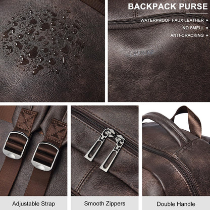 30L Business Laptop Backpack for Women Men, Travel Work Backpack Purse Faux Leather College Bookbag fits 15.6" Laptop - Coffee