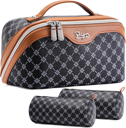 BOYATU Travel Makeup Bag Cosmetic Bags for Women: 3 Pcs Set Large Portable Make up Bag with Handle - Vegan Leather Toiletry Bags with Compartments - Makeup Organizer for Travel Essentials(01-Black)