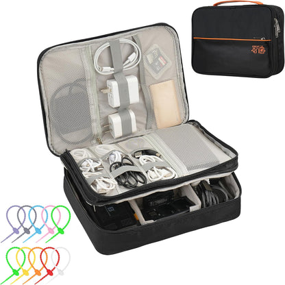 Electronics Accessories Organizer Bag, Waterproof Double LayerTravel Cable Organizer Case for Cords, Charger, Power Bank,Hard Drive, Mouse -Shockproof Tech Storage Pouch (Classic-two layers-Black)