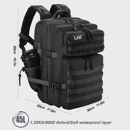 LHI Military Tactical Backpack for Men and Women 45L Army 3 Days Assault Pack Bag Large Rucksack with Shoe Compartment