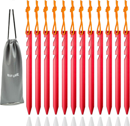Aluminum Alloy Tent Stakes Pegs, 12-Pack Aluminum Ground Pegs with Reflective Pull Ropes, Lightweight Metal Stakes Pegs for Camping Tents Hammocks