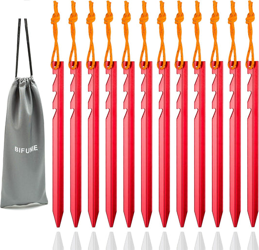 Aluminum Alloy Tent Stakes Pegs, 12-Pack Aluminum Ground Pegs with Reflective Pull Ropes, Lightweight Metal Stakes Pegs for Camping Tents Hammocks