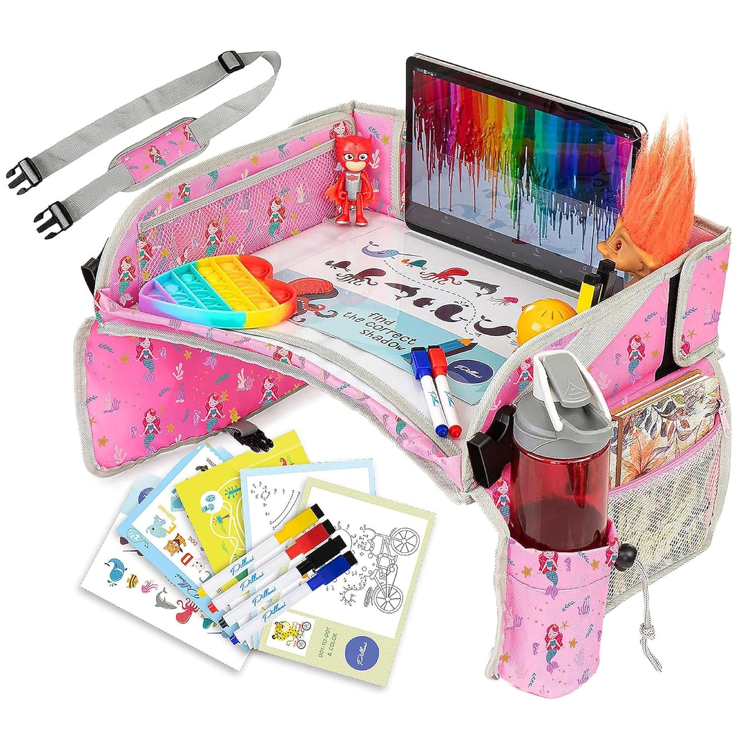 PILLANI Kids Travel Tray for Car - Car Seat Tray for Kids, Road Trip Essentials & Must Haves, Carseat Table Roadtrip Activities - Toddler Lap Desk Organizer for Airplane