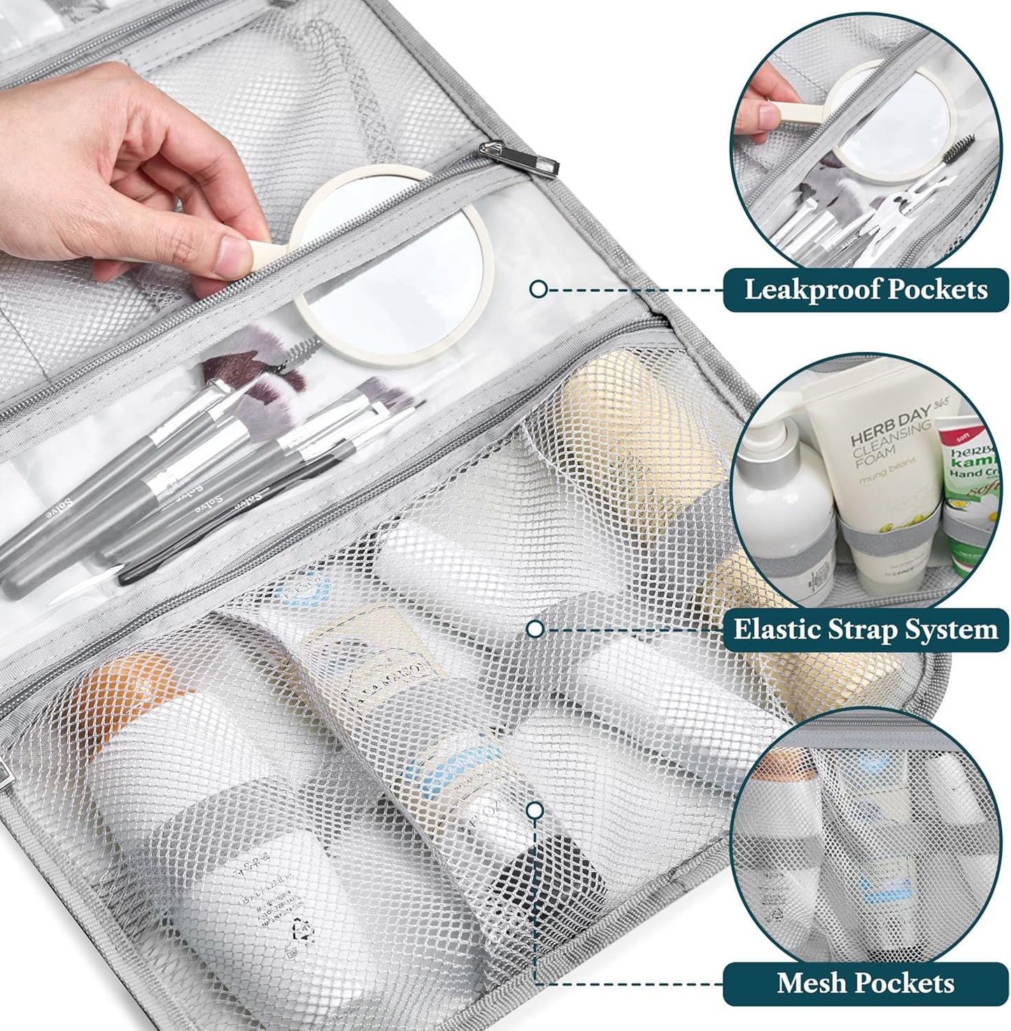 PAVILIA Hanging Toiletry Bag Women Men, Travel Kit Foldable Large Toiletries Organizer, Roll up Cosmetics Makeup Bag Accessories, Waterproof Essentials Jewelry Case (Heather Grey)