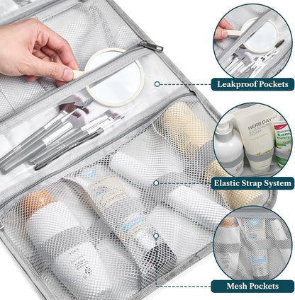 PAVILIA Hanging Toiletry Bag Women Men, Travel Kit Foldable Large Toiletries Organizer, Roll up Cosmetics Makeup Bag Accessories, Waterproof Essentials Jewelry Case (Heather Grey)