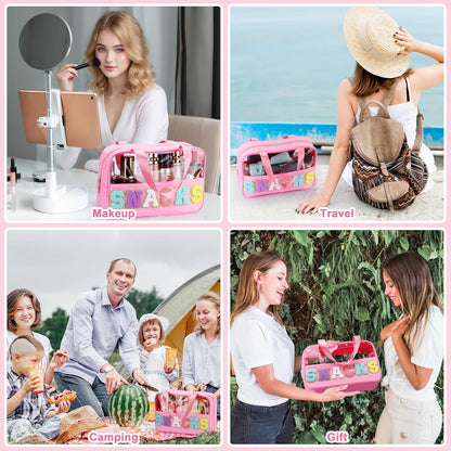 Snack Bag for Travel - Chenille Letter Clear Makeup Bag, Large Preppy Patch Snack Cosmetic Bag with Handle and Zipper, Cute Makeup Pouch Nylon&PVC Waterproof Toiletry Organizer Storage for Women Girls