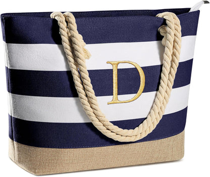 YOOLIFE Initial Canvas Waterproof Beach Tote Bag Zipper Personalized Gifts for Women Her Birthday Travel Beach Essential