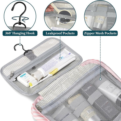 PAVILIA Hanging Toiletry Bag Travel Bag Women Men, Foldable Cosmetic Organizer, Roll up Makeup Bag, Water Resistant Accessories Toiletries, Large Travel Essentials Kit (Pink Stripe)