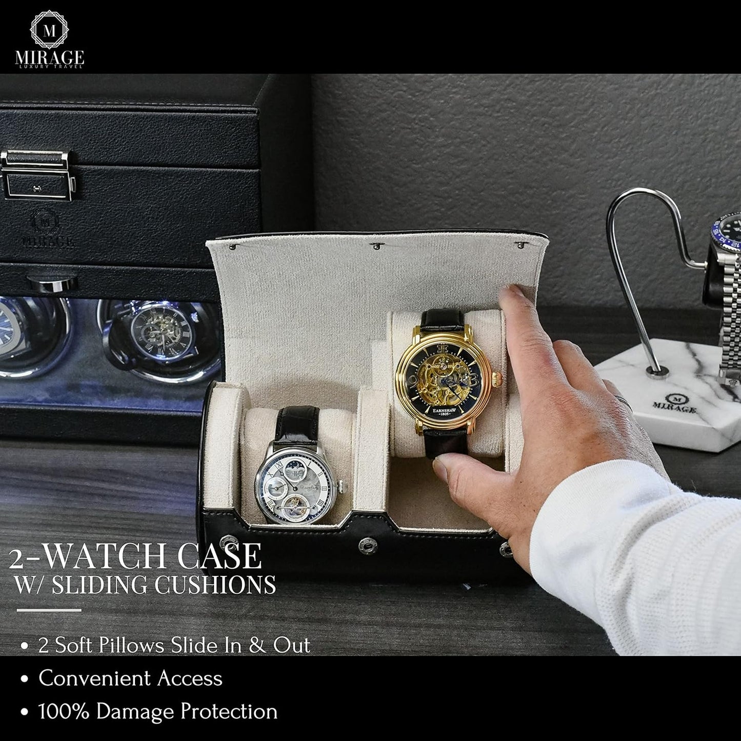 2 Watches Travel Case for Men - Mirage Watch Roll - Jade Black/Ivory White Vegan Leather