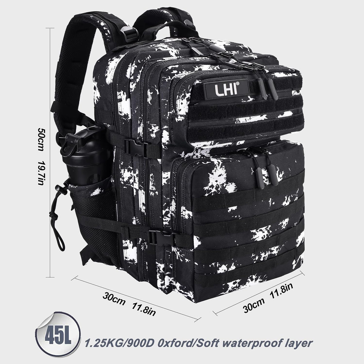 LHI Military Tactical Backpack for Men and Women 45L Army 3 Days Assault Pack Bag Large Rucksack with Shoe Compartment - Black Lightning