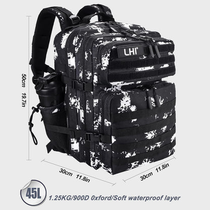 LHI Military Tactical Backpack for Men and Women 45L Army 3 Days Assault Pack Bag Large Rucksack with Shoe Compartment - Black Lightning
