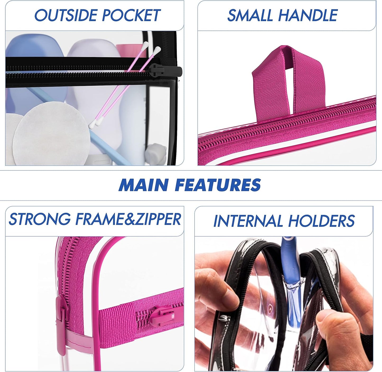 TSA Approved Toiletry Bag 3-1-1 Clear Travel Cosmetic Bag with Handle - Quart Size Bag with Zipper - Carry-on Luggage Clear Toiletry Bag for Liquids - Airport Airline TSA Compliant Color Pink