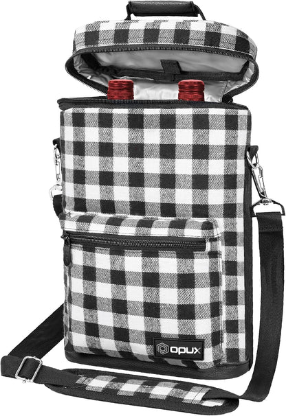 Opux 2 Bottle Wine Tote Carrier, Insulated Cooler Bag for Travel Picnic, Leakproof Padded Case, Wine Gifts for Women & Men, Plaid Buffalo White