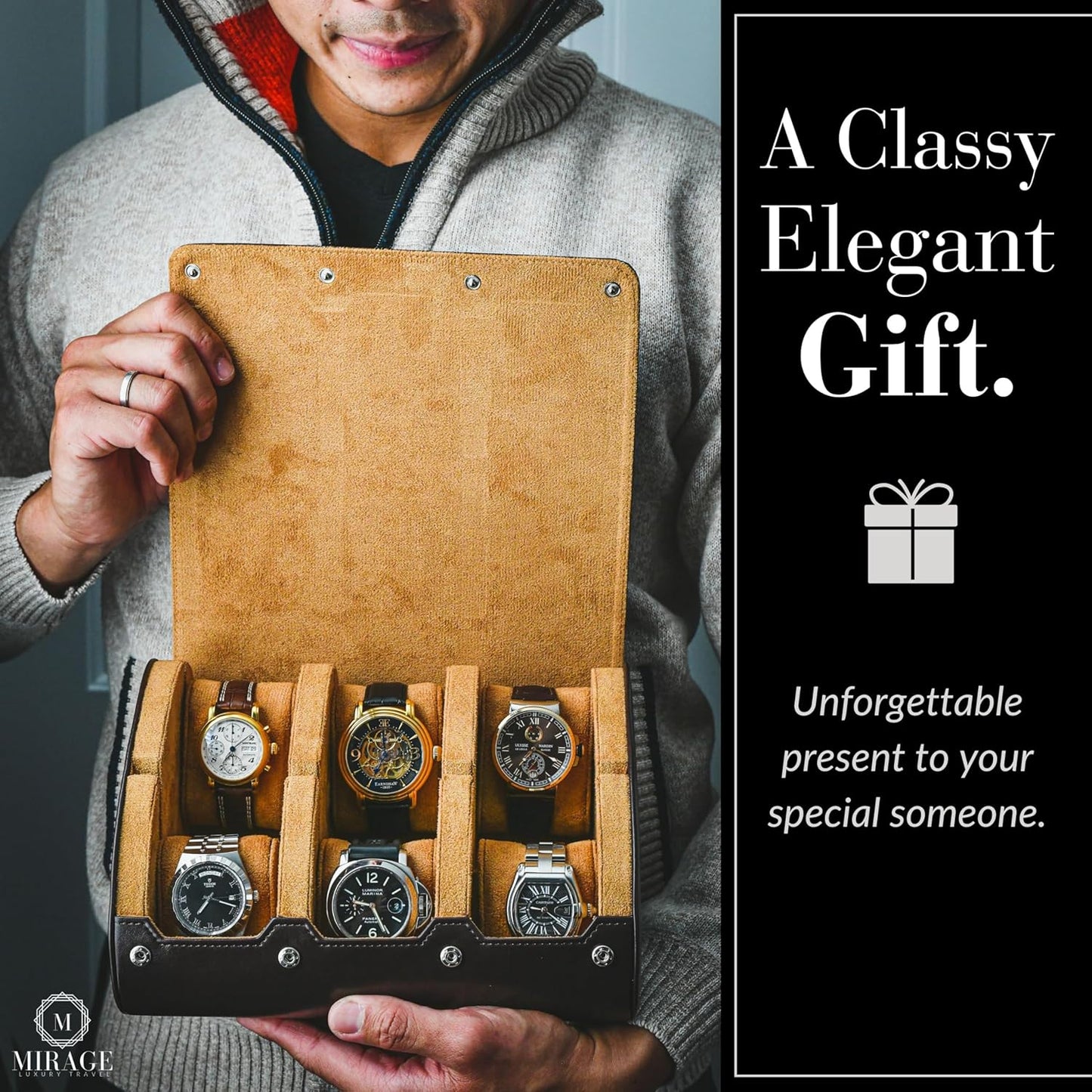 6 Watch Travel Cases for Men - Watch Roll 6 Slots Travel Organizer - Espresso Brown -Signature Hexa Collection