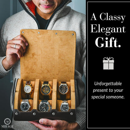 6 Watch Travel Cases for Men - Watch Roll 6 Slots Travel Organizer - Espresso Brown -Signature Hexa Collection
