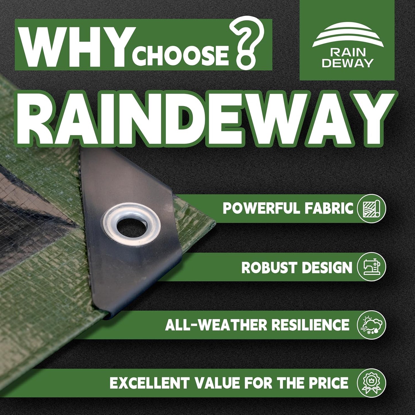 4x6 Feet Tarp Waterproof,Small Tarp,9Mil Thick,Finished Size Tarps,UV Resistant,Durable,Multipurpose Poly Tarps Cover with Metal Grommets and Reinforced Edges,Green/Black by RAINDEWAY