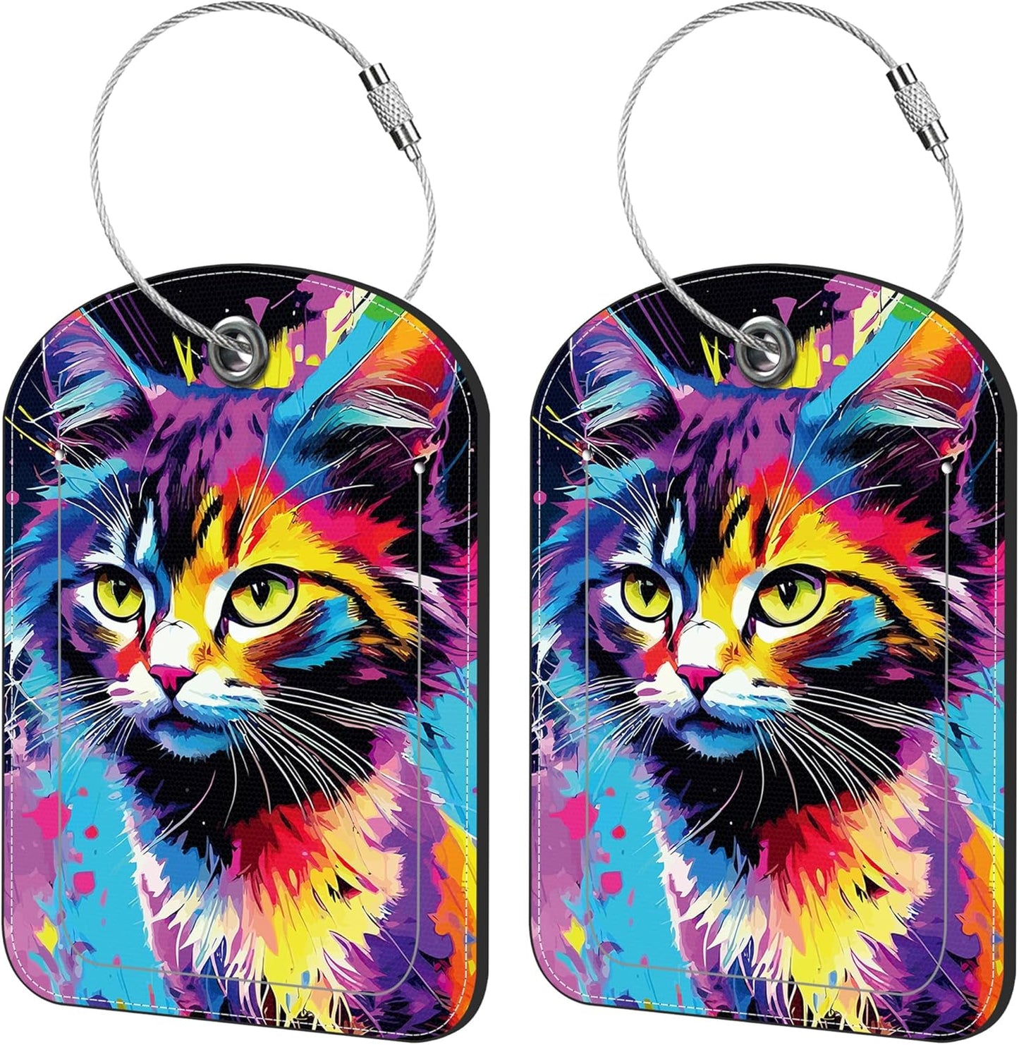 2 Pack Cute Luggage Tag for Suitcases Colorful Cat Leather Luggage Tags with Stainless Steel Loop Privacy Flap Name Tags,Men and Women Travel Bag Suitcase Tags