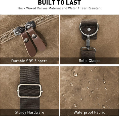 Wildroad Waxed Canvas Genuine Leather 50L Waterproof Duffle Bag - Vintage Travel Weekender Overnight Carry On