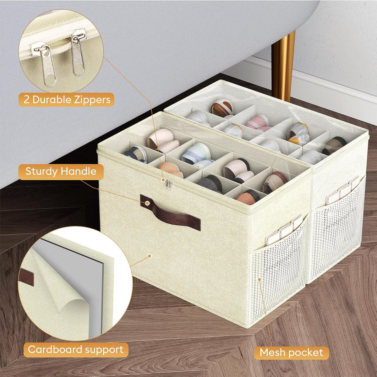 Budding Joy 2 Pack Shoe Organizer for Closet, Clear Foldable Shoe Storage Containers Adjustable Dividers Fits 16 Pairs,Shoe Storage Bins Baskets Boxes with Reinforced Handles Beige Yellow Beige