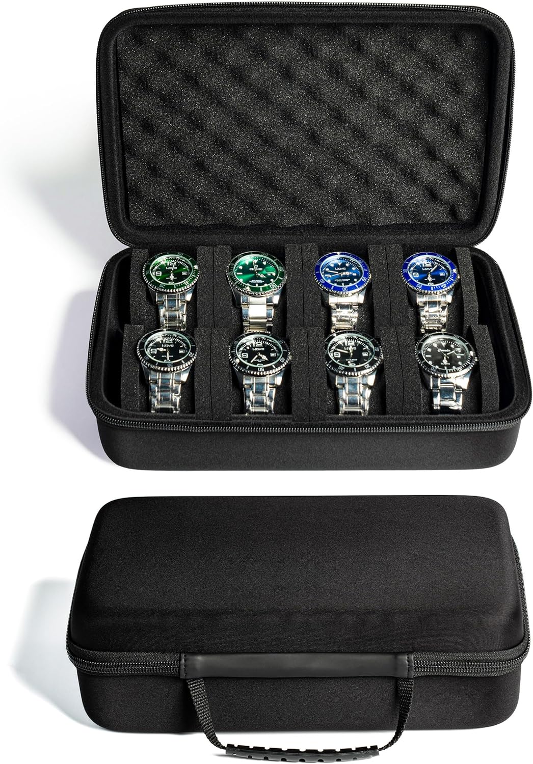 8 slots watch box, hard watch organizer case for men's women's watches, watch display organization holder with form-fitiing watch pillow