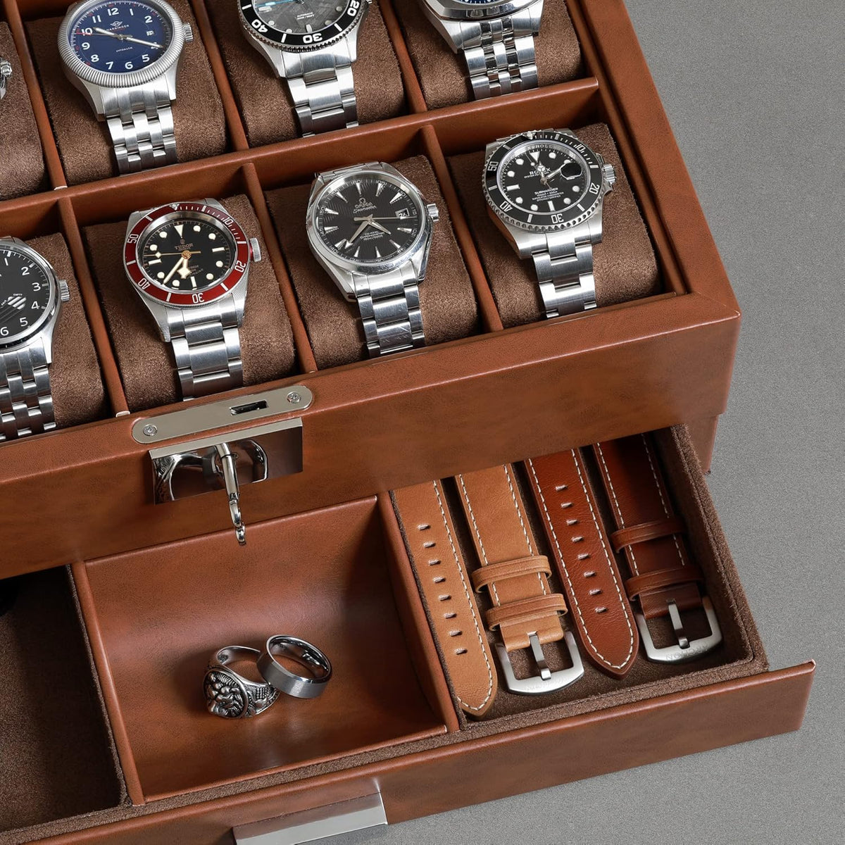 ROTHWELL 10-Slot Watch Box in Leather with Valet Drawer, Luxury Watch Case Display Organizer with Ultra Soft Microsuede Liner, Jewelry and Sunglass Holder With Large Glass top (Tan/Brown)