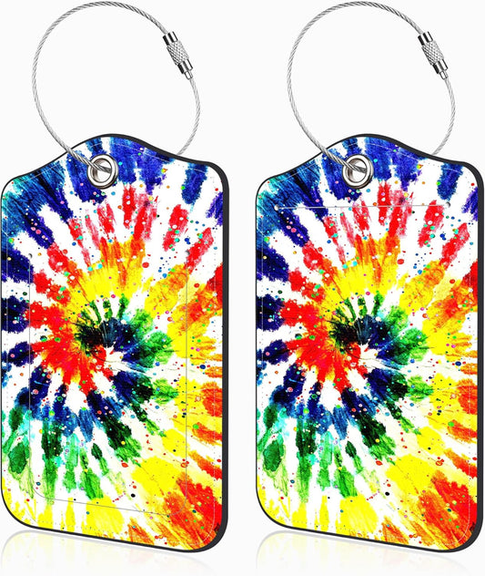 2 Pack Luggage Tags for Suitcases Colorful Rainbow Tie Dye Leather Luggage Tags Privacy Cover ID Label with Stainless Steel Loop and Address Card for Women Men Travel Bag Backpack