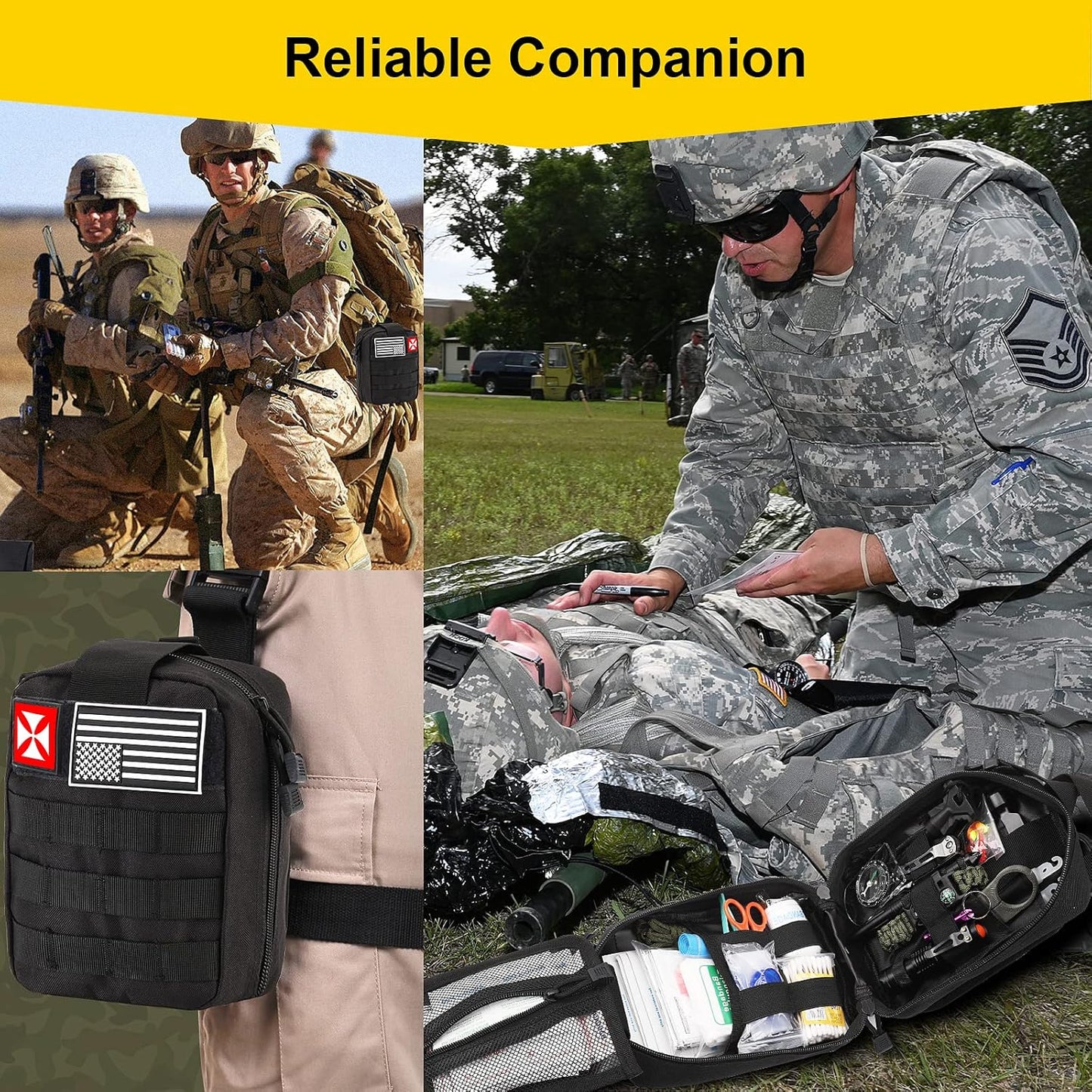 Survival First Aid Kit, 248PCS Survival Tools Camping Essentials Tactical Gear Emergency Trauma Medical Supplies Packed in a MOLLE Pouch, Saber Card,Cool for Men Camping Hiking Outdoor Activities