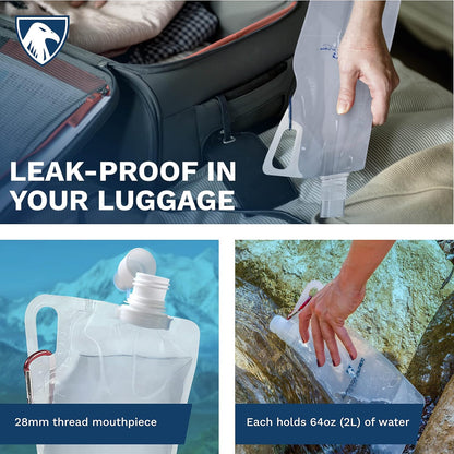 Survivor Filter Clear Collapsible Water Bottles - Travel, Hiking, Foldable, BPA-Free - 2 x