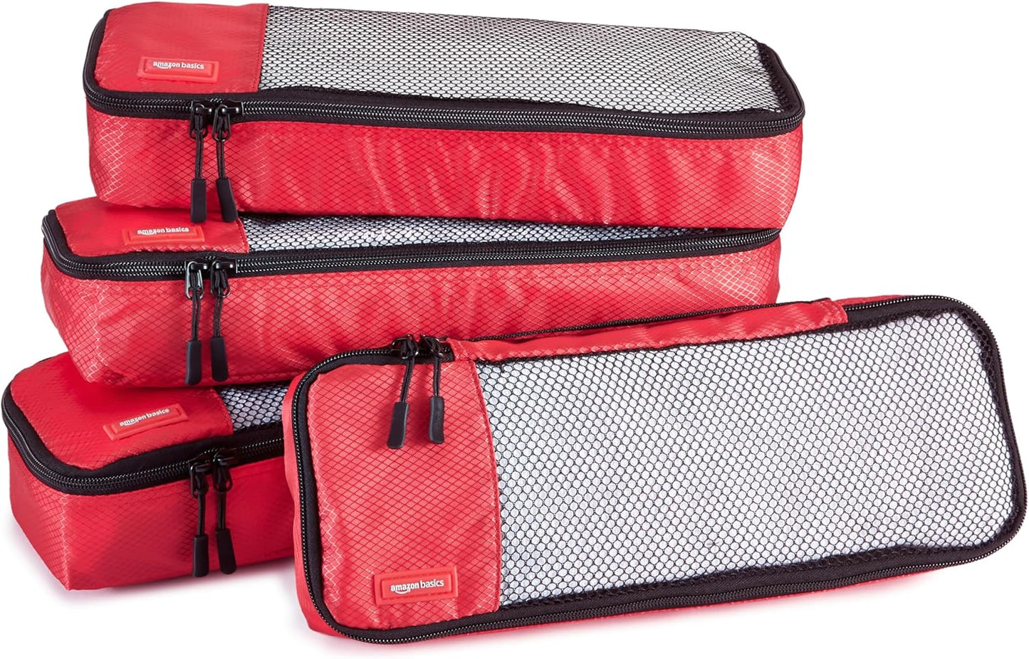 Amazon Basics Slim Packing Cubes for Travel, Packing Organizers, 4-Piece-Set With Double Zipper Pulls and Mesh Top Panel, 100% Durable Polyester, Red, 14"L x 5"W x 3"H