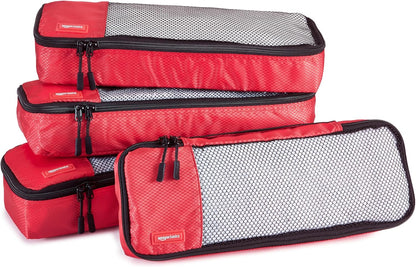 Amazon Basics Slim Packing Cubes for Travel, Packing Organizers, 4-Piece-Set With Double Zipper Pulls and Mesh Top Panel, 100% Durable Polyester, Red, 14"L x 5"W x 3"H