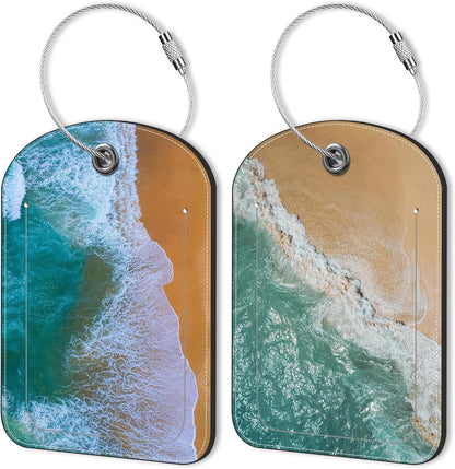 2 PCS Leather Luggage Tag for Suitcase Sea Waves and Sand Beach Scene Travel Suitcase Labels with Privacy Name ID Label and Stainless Steel Loop for Adults Teens Travel Bag Labels Set