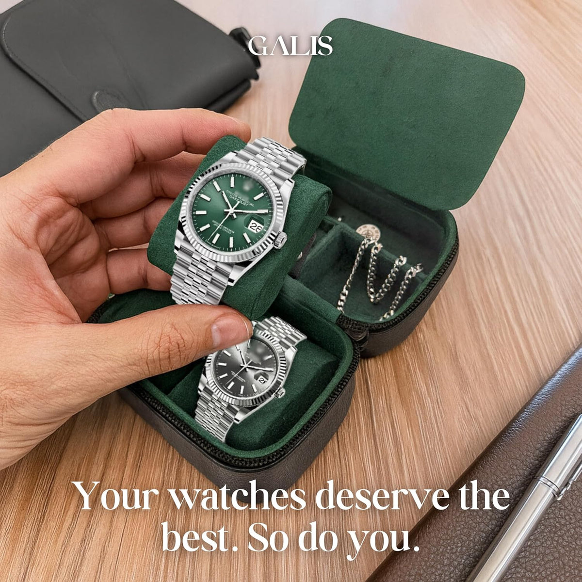 Galis Luxury Watch Case for Men High End Portable 2-Slot Watch Holder and Watch Case for Travel, Premium Watch Box for Men, Jewelry Storage Organizer, Gift for Him, Fathers, Husband (Black & Green)
