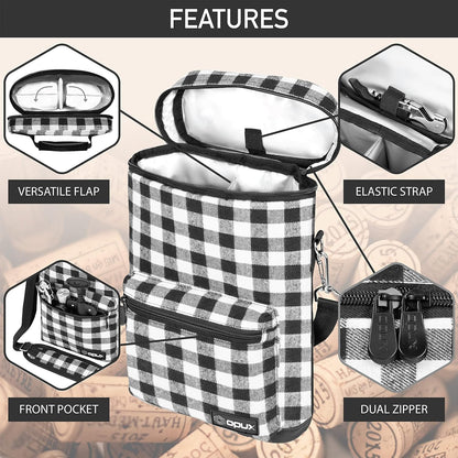 Opux 2 Bottle Wine Tote Carrier, Insulated Cooler Bag for Travel Picnic, Leakproof Padded Case, Wine Gifts for Women & Men, Plaid Buffalo White